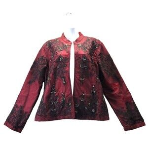 Choices Women Sz L Jacket Topper Blazer Beaded Mesh Red Black Floral Design